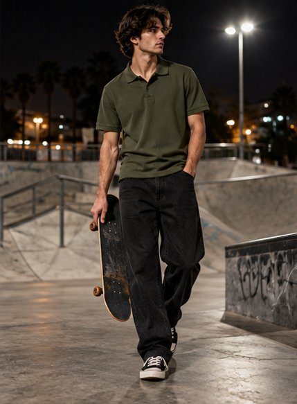 YOLO Polo in Olivegrün im Skatepark