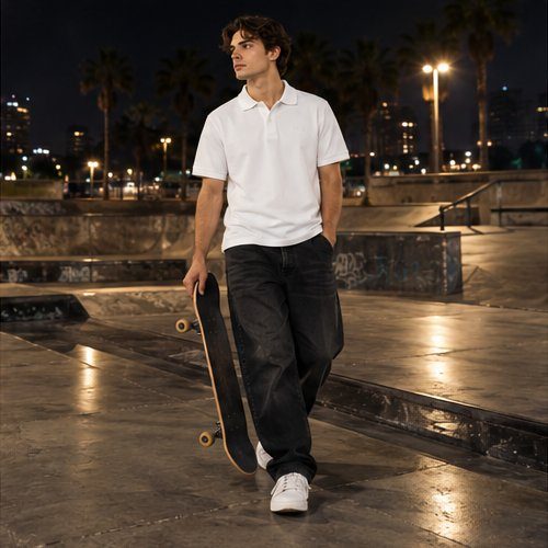 YOLO Polo in Weiss im Skatepark bei Nacht